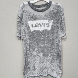 Levis T-Shirt Short Sleeve Crew Neck Cotton Blend Gray Acid Wash Logo